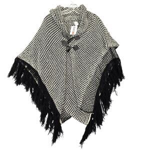 BHFO Black White Sweater NEW Fringe Knit Shawl Cape Shrug Poncho Womens ONE SIZE